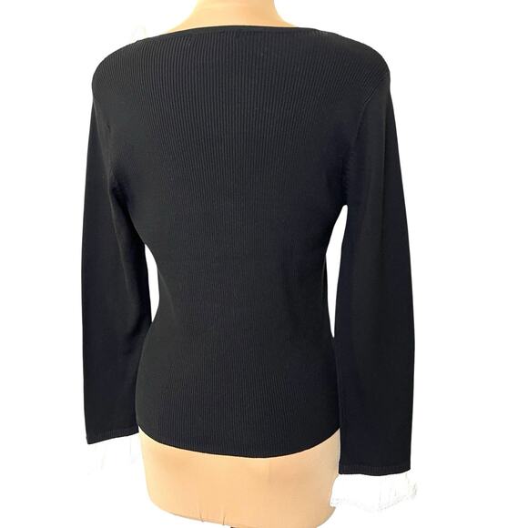 August Silk Petite Cardigan Sweater Large PL Black White Ruffle Collar Cuffs - Picture 2 of 6